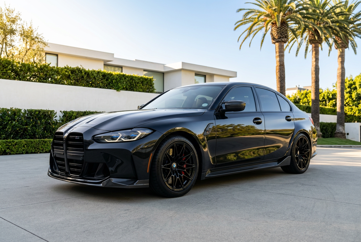 BMW M3 Competition outside a luxury residence