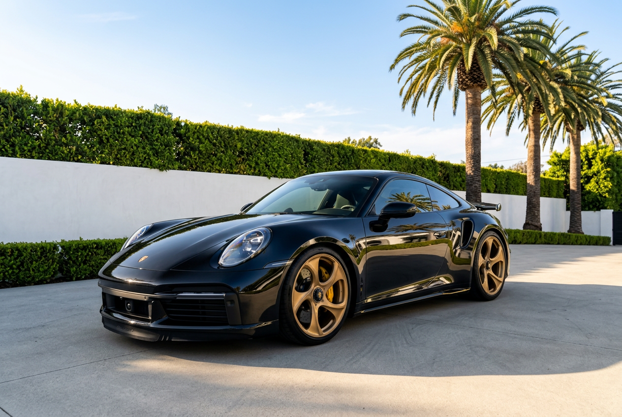 Porsche 911 Turbo S outside a luxury residence